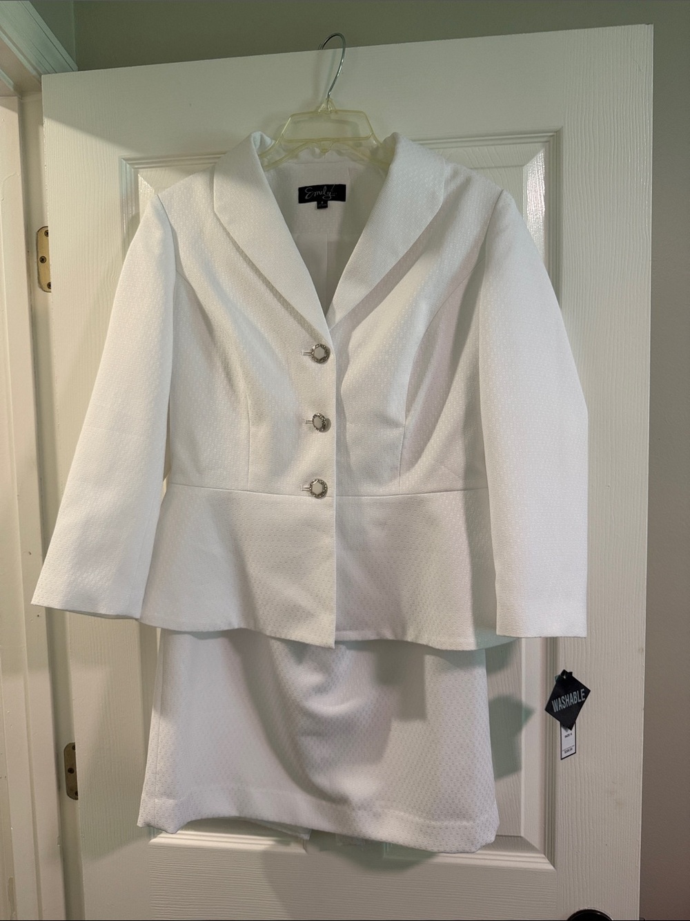 White Textured Skirt Suit with Decorative Buttons